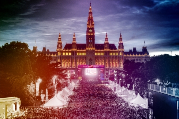 Bei der vielleicht größten Public Viewing-Veranstaltung in Wien könnt Ihr vor dem Wiener Rathaus feiern ESC Rathaus Wien