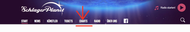 Schlagerfan Charts im Menü auf der Startseite von SchlagerPlanet.com. 