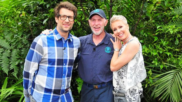 Daniel Hartwich (l.), Dr. Bob, Sonja Zietlow beim Dreh der RTL-"Dschungelshow".