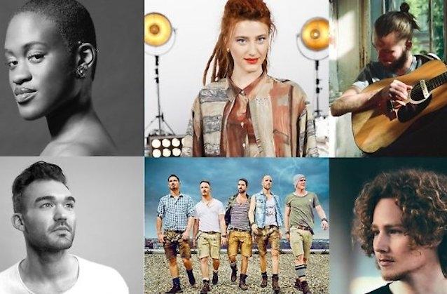 Die Teilnehmer für den ESC-Vorentscheid: v.l.o. Ivy Quinoo, Natia Todua, Xavier Darcy, Ryk, voXXclub, Michael Schulte