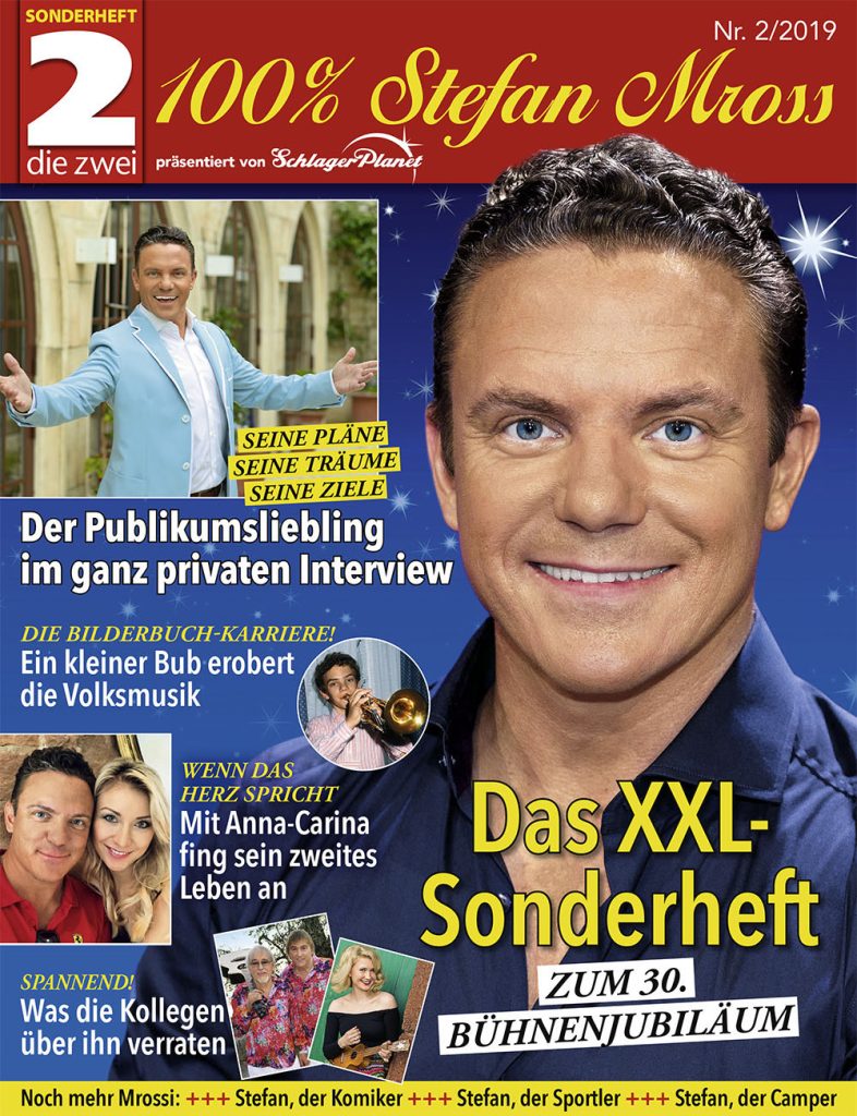 “100 % Stefan Mross” gibt es ab sofort am Kiosk sowie unter der Telefonnummer 0 18 06 / 01 29 06 (von 8 – 20 Uhr; 0,20 Ôé¼/Anruf aus dem dt. Festnetz, mobil max. 0,60 Ôé¼) und über schlagerplanet@meine-zeitschrift.de. Nur so lange der Vorrat reicht.