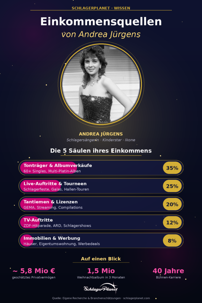 Hochkant-Infografik mit Portrait von Andrea Jürgens und Verteilung der fünf Einkommensquellen (Tonträger 35%, Live 25%, Tantiemen 20%, TV 12%, Immobilien 8%) sowie Quick Facts (5,8 Mio € Vermögen, 1,5 Mio Weihnachtsalbum, 40 Jahre Karriere).