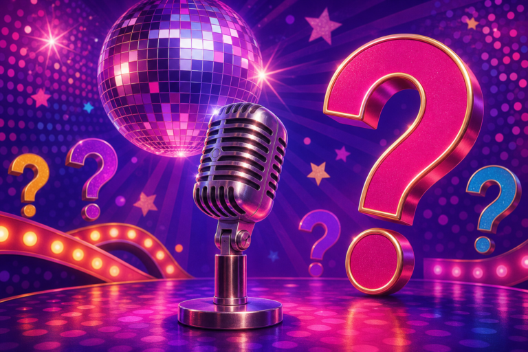 Bunte Schlager-Quiz-Szene mit Mikrofon und Discokugel