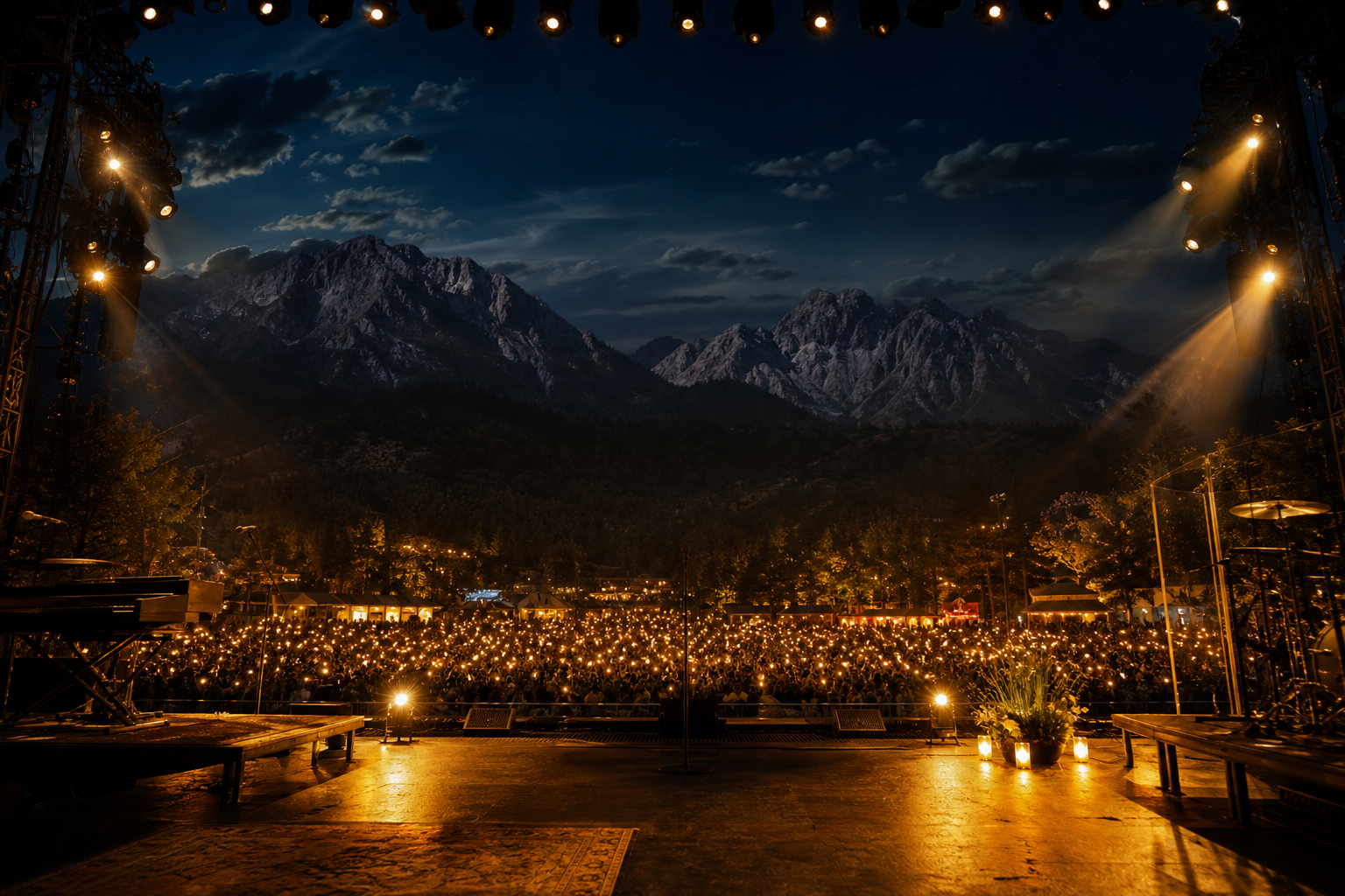Emotionaler Open-Air-Konzertmoment auf einer Bühne bei Nacht mit Bergkulisse
