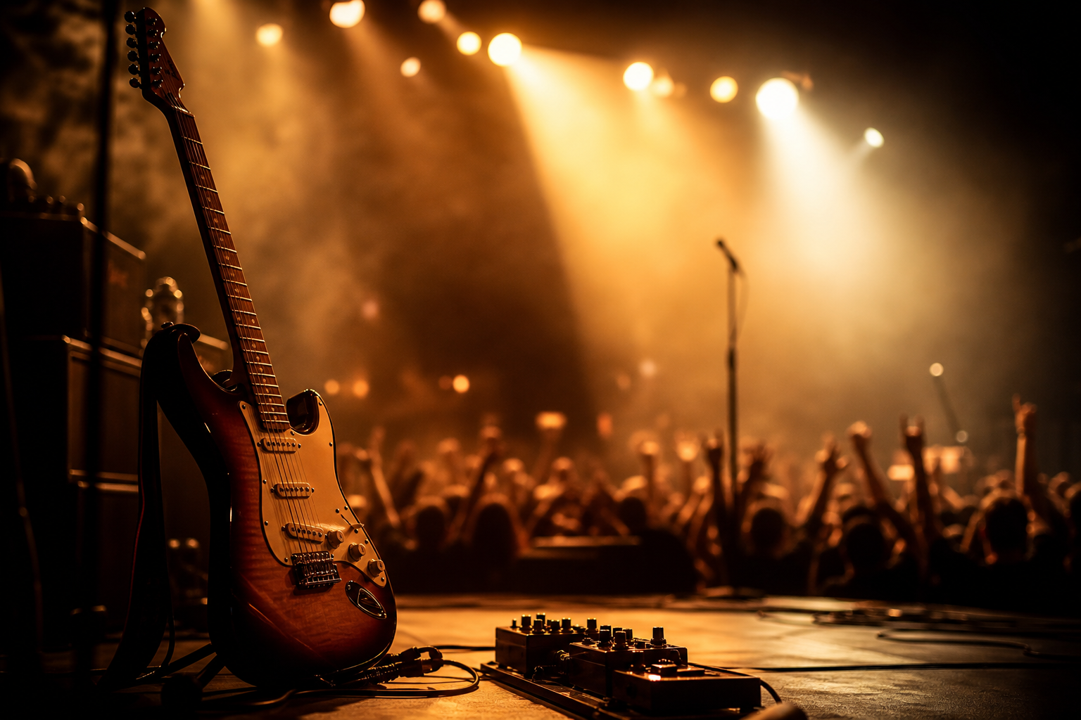 Stimmungsvolle Konzertbühne mit Gitarre im Scheinwerferlicht