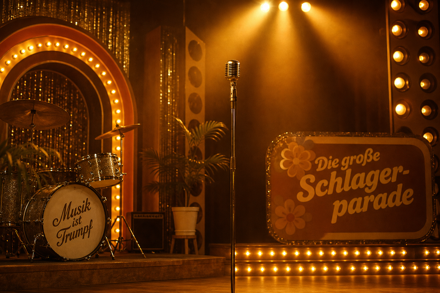 Nostalgische Konzertbühne der 1970er Jahre mit Scheinwerfern