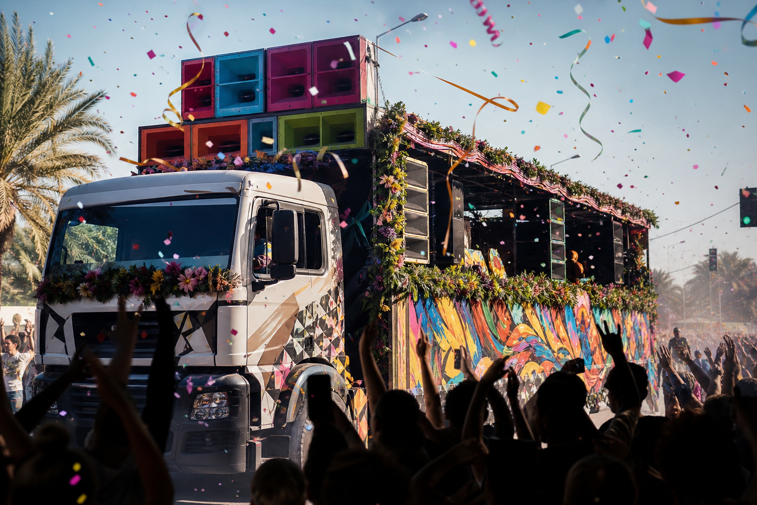Symbolbild eines geschmückten Trucks bei einer Straßenparade am Tag