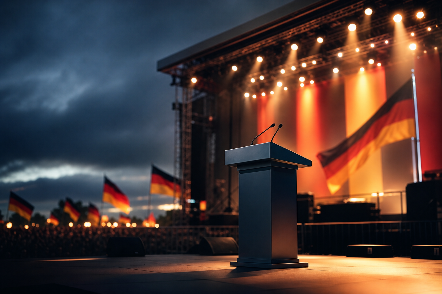 Symbolbild einer Wahlkampf-Bühne mit Rednerpult und Mikrofon am Abend