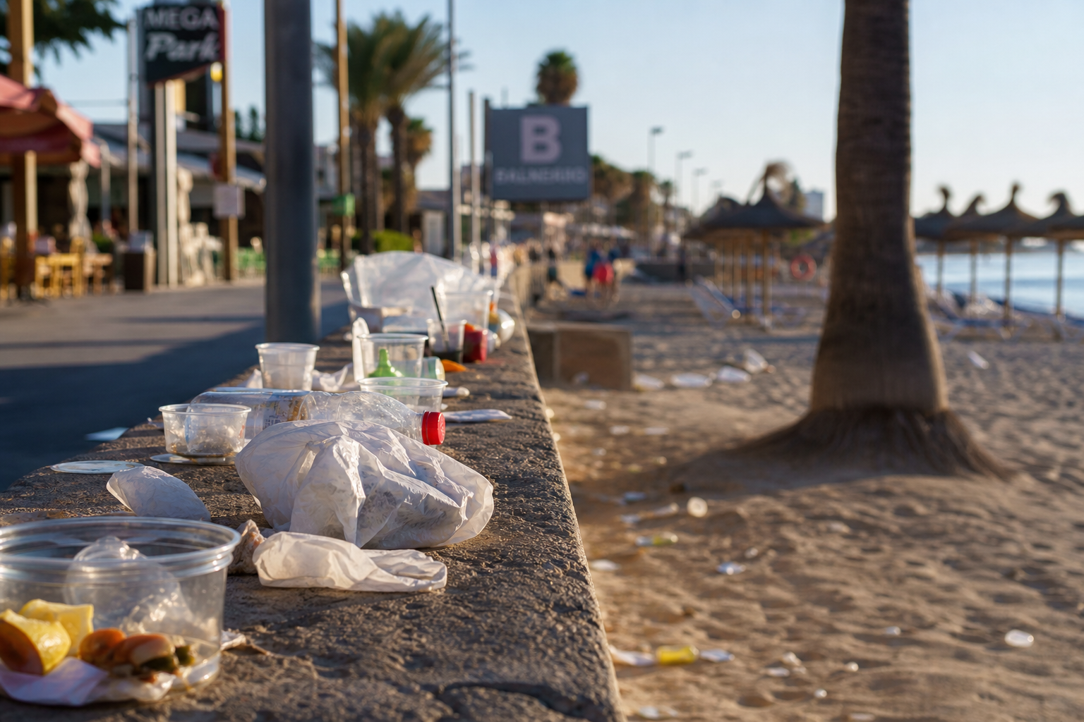 Symbolbild einer vermüllten Strandpromenade am Ballermann auf Mallorca