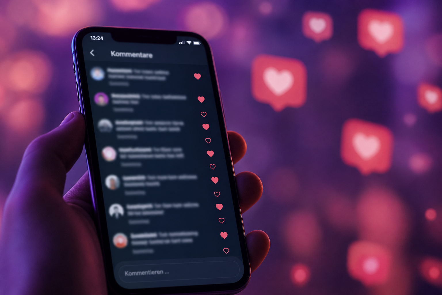 Symbolbild eines Smartphones mit unscharfen Instagram-Kommentaren als Sinnbild für den Fan-Shitstorm