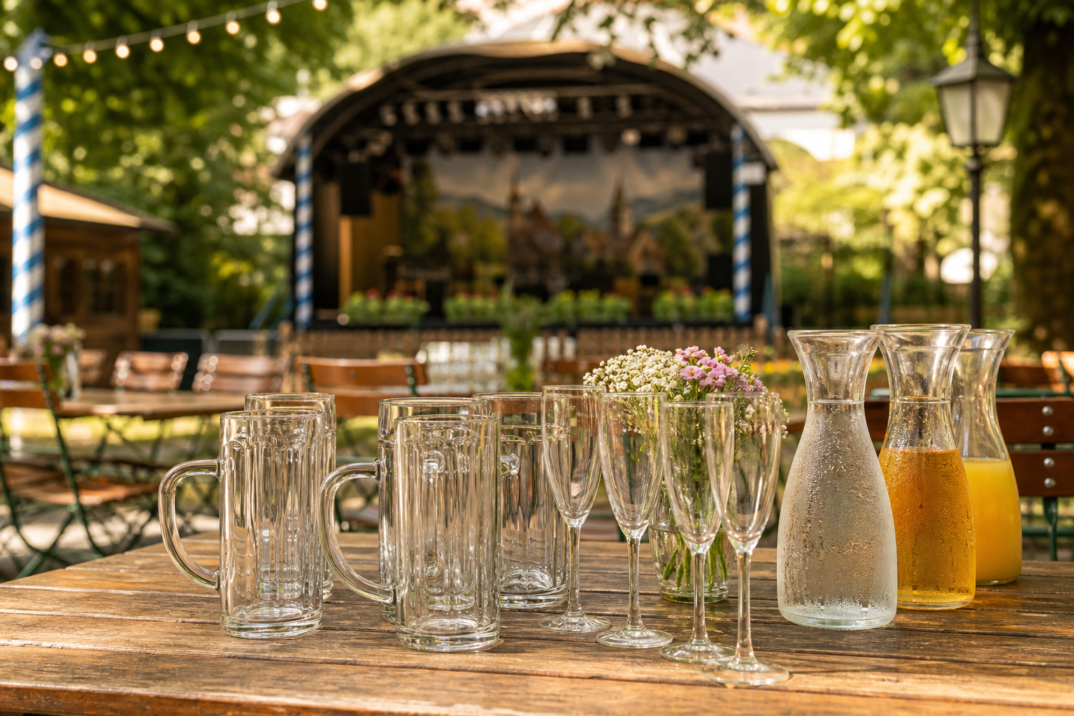 Leere Bierkrüge und Sektgläser stehen unberührt auf einem Tisch im Biergarten, im Hintergrund eine Bühne
