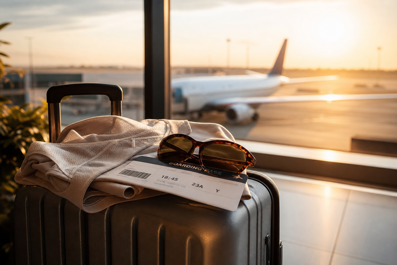 Symbolbild: Koffer und Sommer-Outfit am Flughafen-Gate