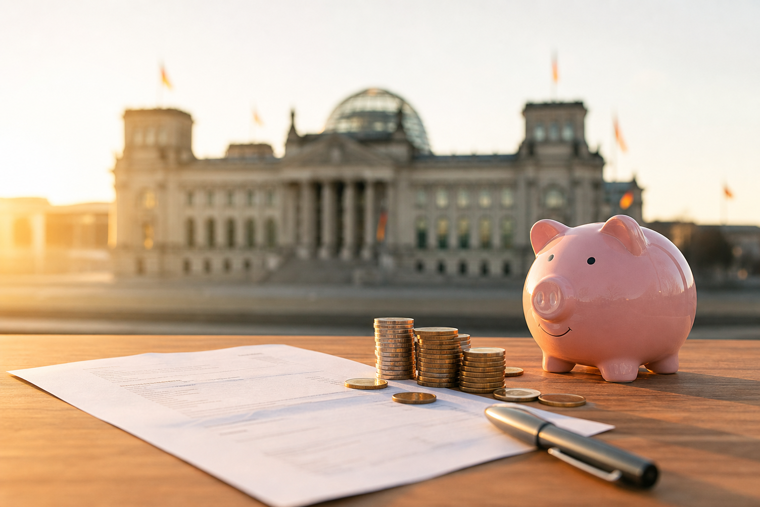 Symbolbild zur Rentenreform: Rentenbescheid und Münzen vor dem Bundestag