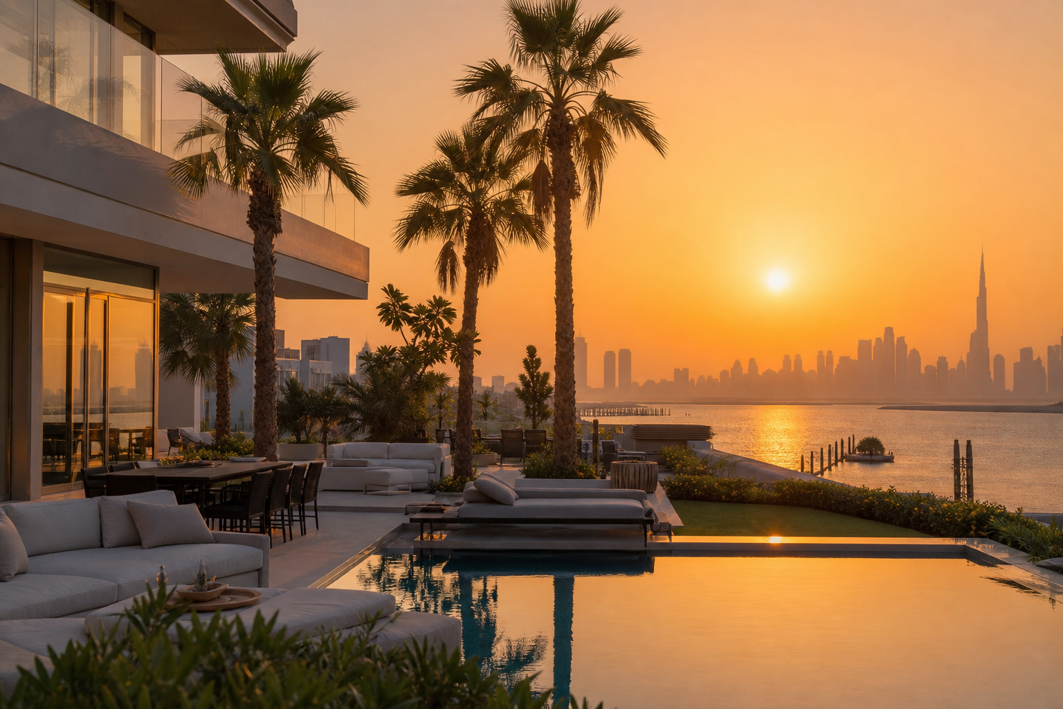 Symbolbild einer Luxusvilla in Dubai bei Sonnenuntergang mit Skyline im Hintergrund