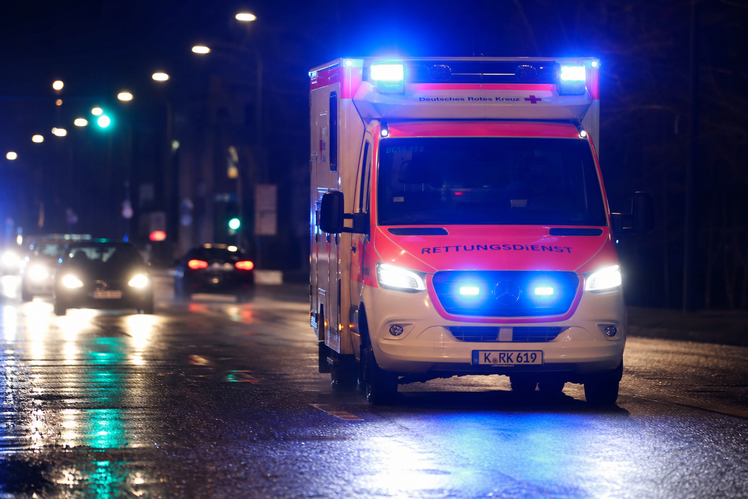 Rettungswagen mit Blaulicht bei Nacht (Symbolbild)
