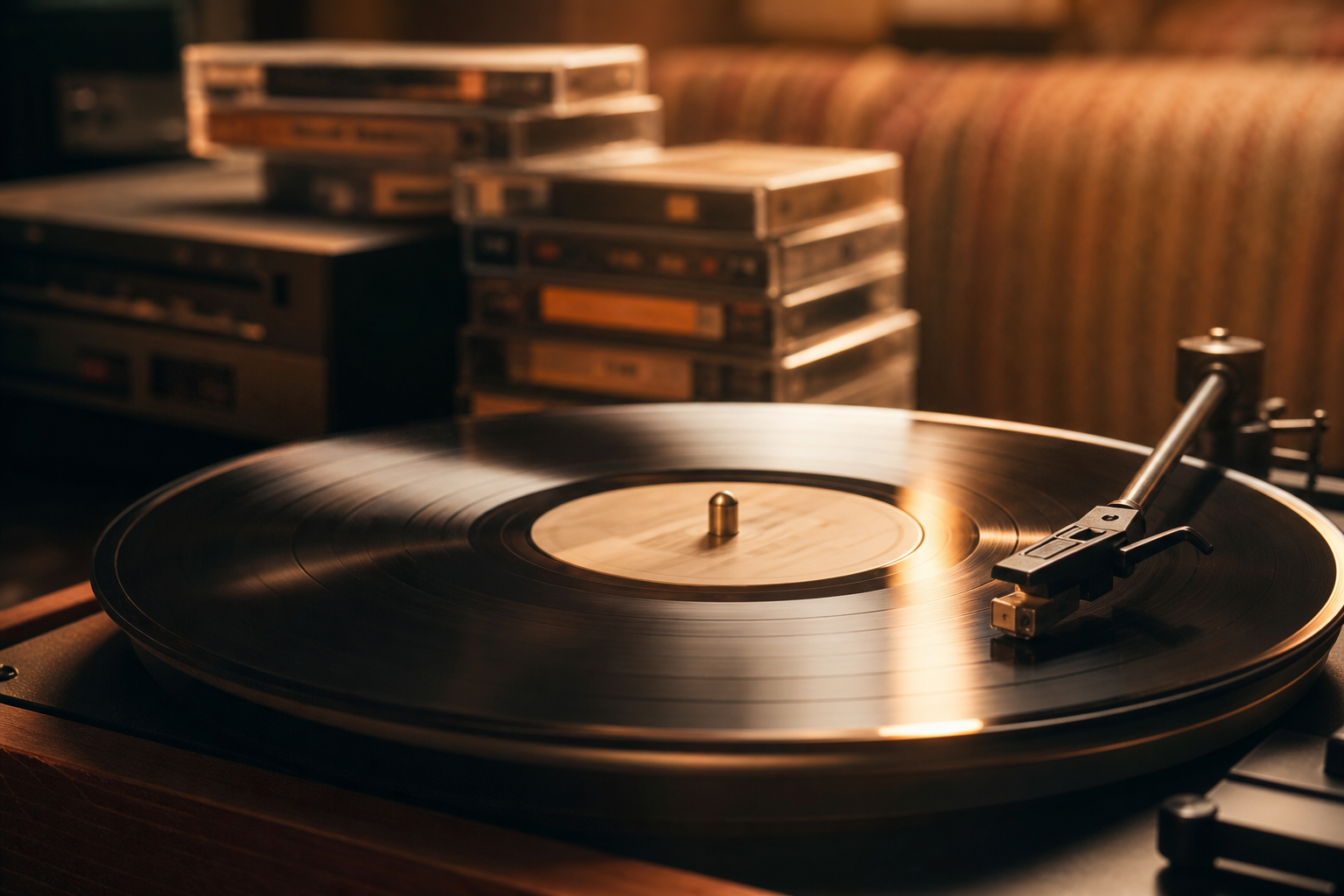 Plattenspieler mit sich drehender Vinyl-Schallplatte und Musikkassetten im Hintergrund