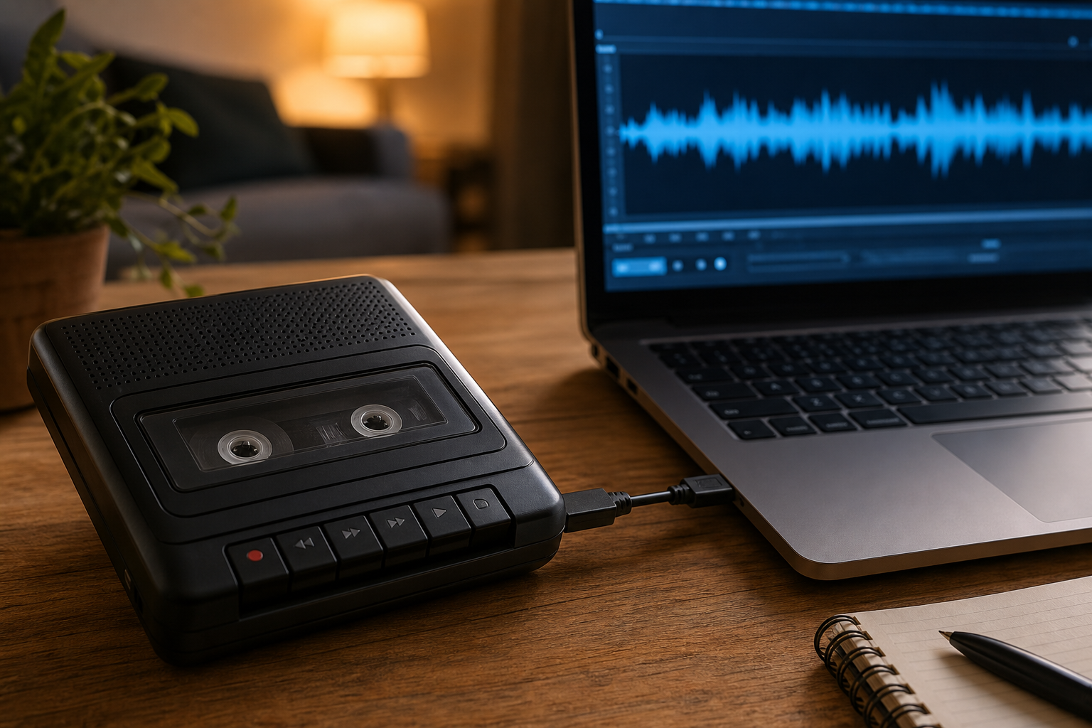 USB-Kassettenrekorder digitalisiert eine Musikkassette am Laptop