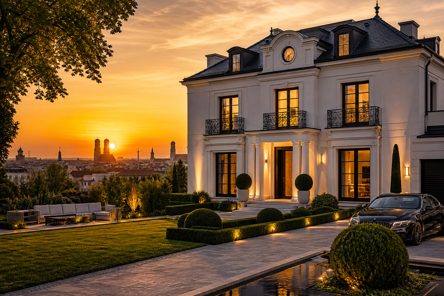 Symbolbild einer eleganten Villa bei Sonnenuntergang