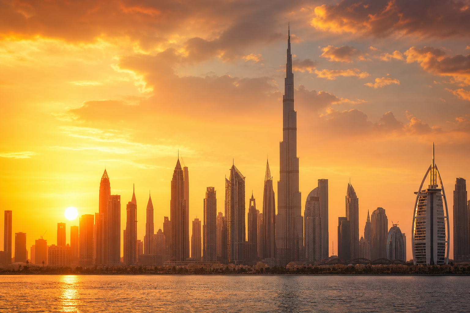 Skyline von Dubai bei Sonnenuntergang