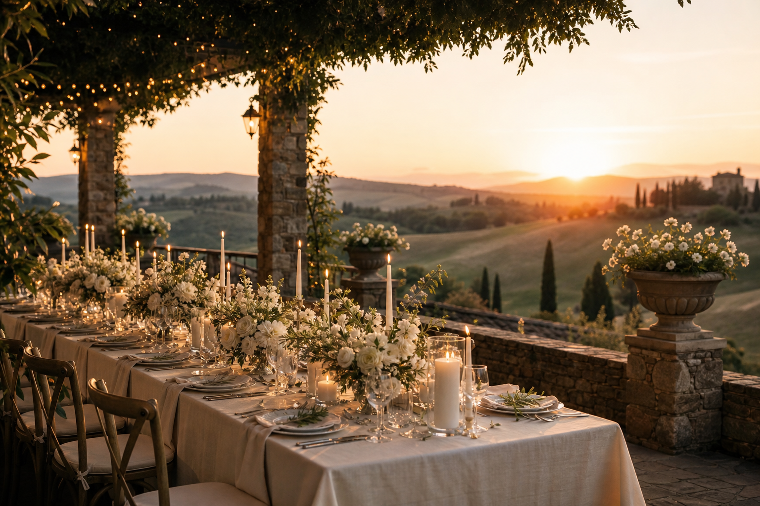 Symbolbild einer festlich gedeckten Hochzeitstafel im Freien in Italien