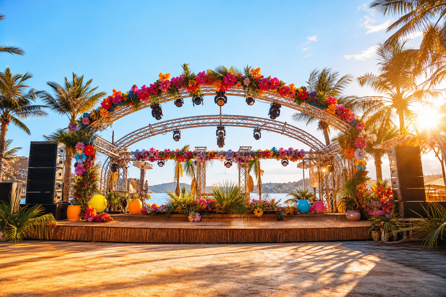 Symbolbild Mallorca-Party mit Palmen und Blumenkränzen