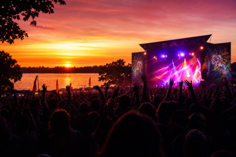 Festivalbühne am See bei Sonnenuntergang mit jubelnder Menschenmenge als Symbolbild für das Highfield-Festival