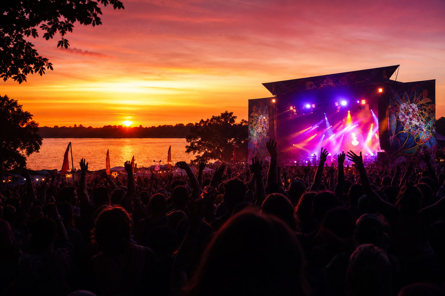 Festivalbühne am See bei Sonnenuntergang mit jubelnder Menschenmenge als Symbolbild für das Highfield-Festival