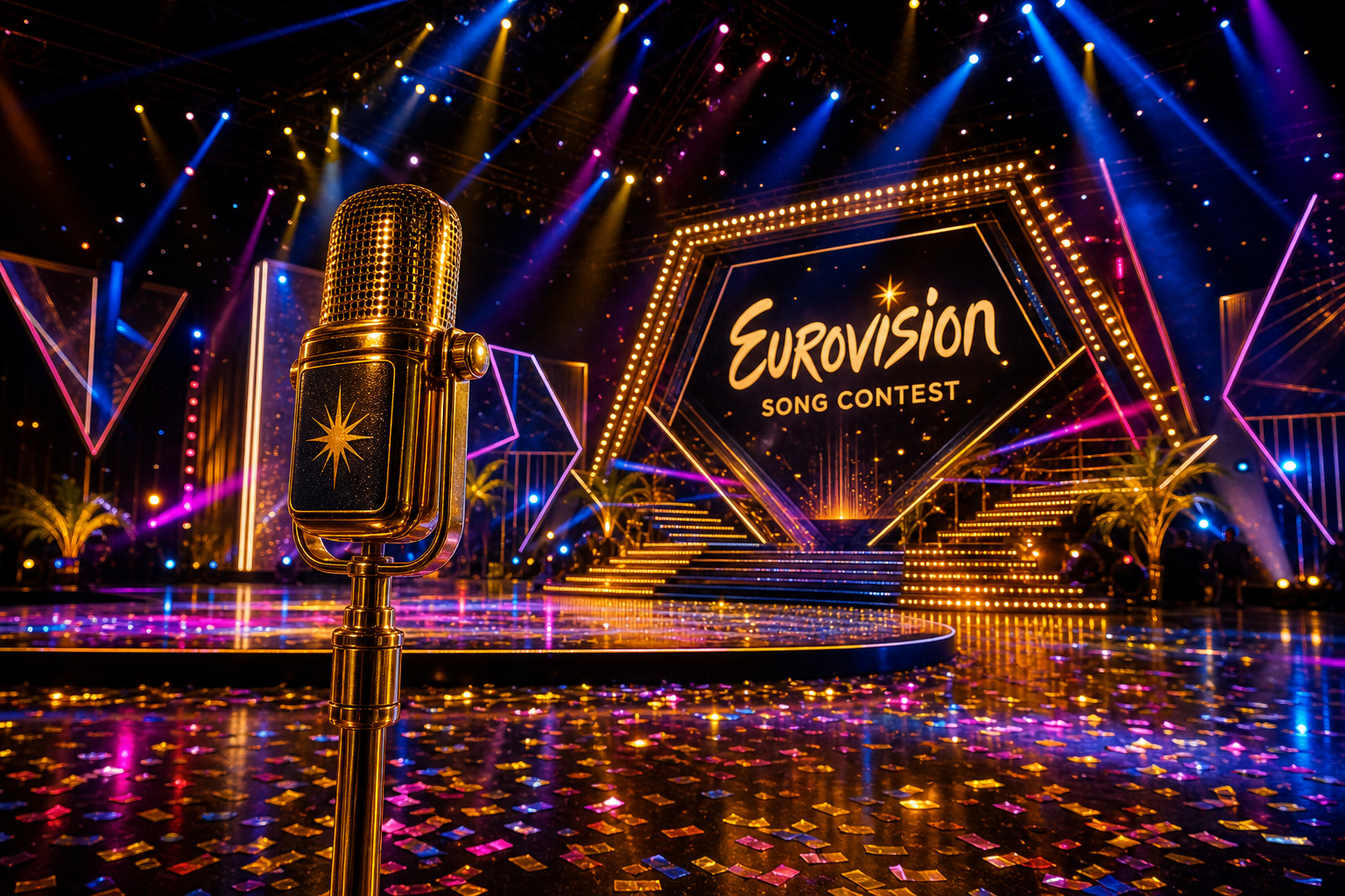 Symbolbild einer festlich beleuchteten Eurovision-Bühne mit goldenem Mikrofon