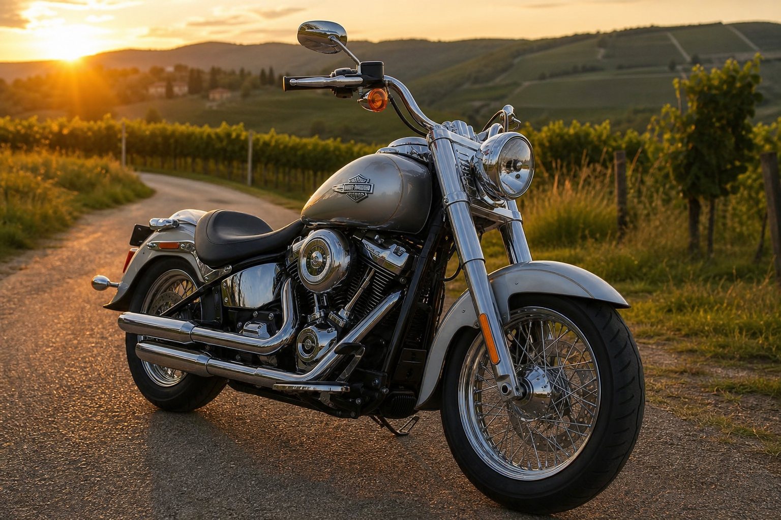 Cruiser-Motorrad auf einer Landstraße bei Sonnenuntergang