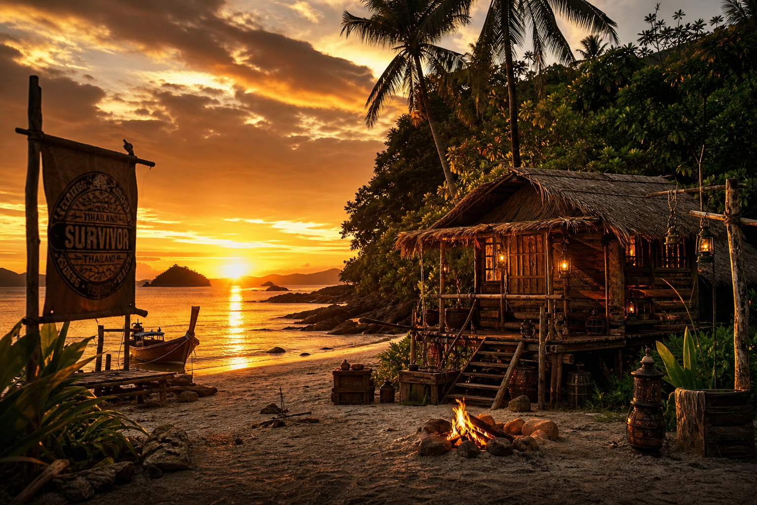 Symbolbild eines tropischen Strandcamps in Thailand bei Sonnenuntergang