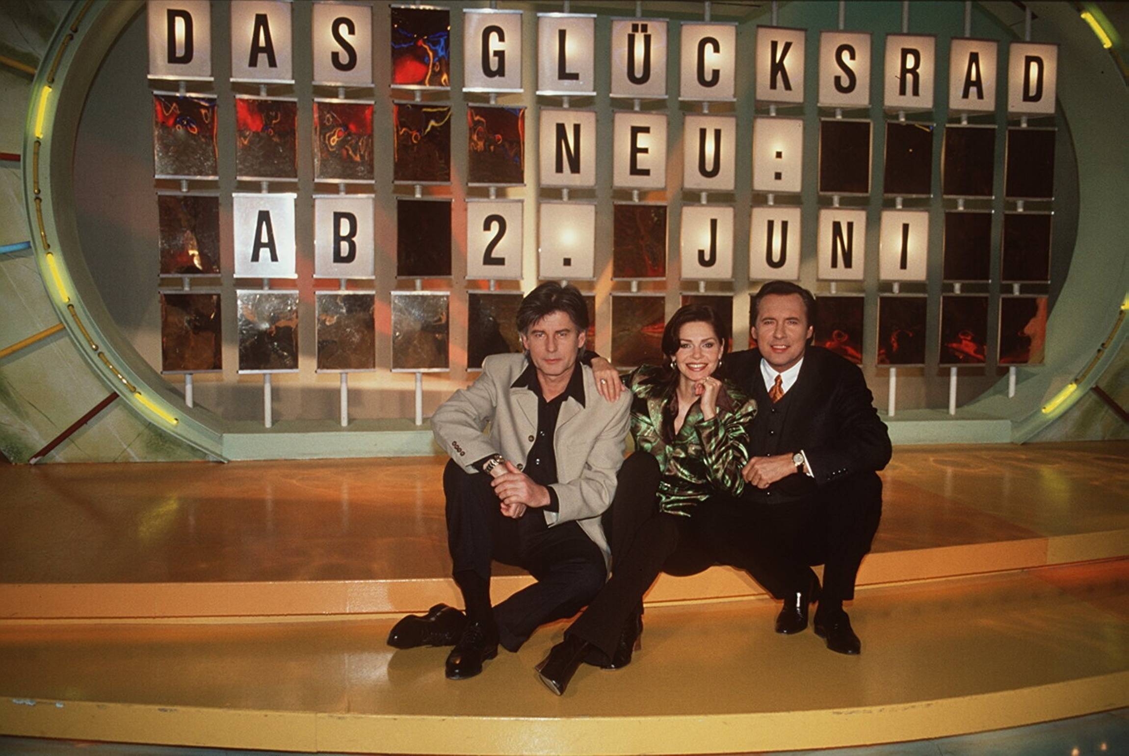 Frederic Meisner, Maren Gilzer und Peter Bond beim Glücksrad auf SAT.1, 1997