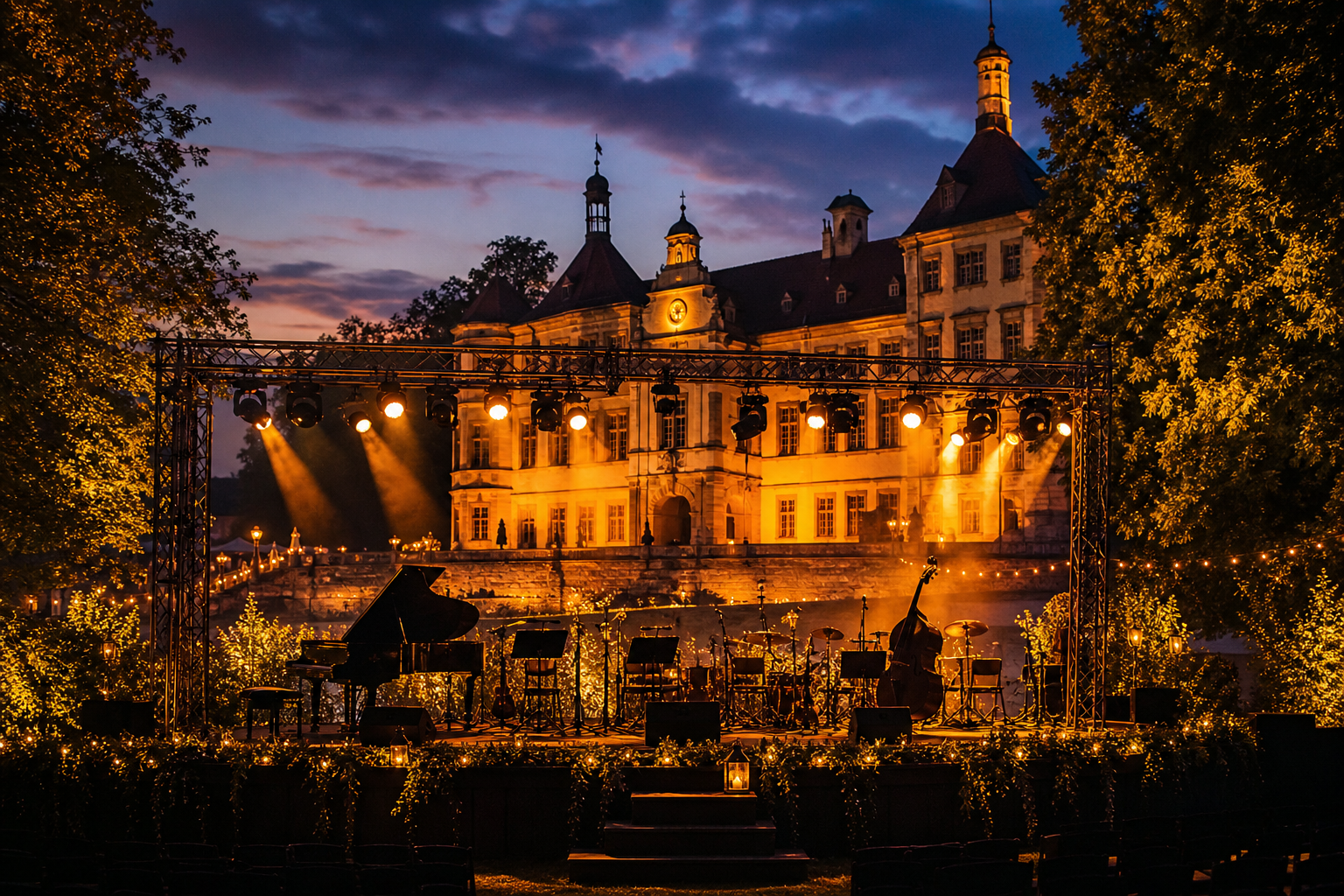 Symbolbild einer Open-Air-Bühne vor einem beleuchteten Schloss am Abend