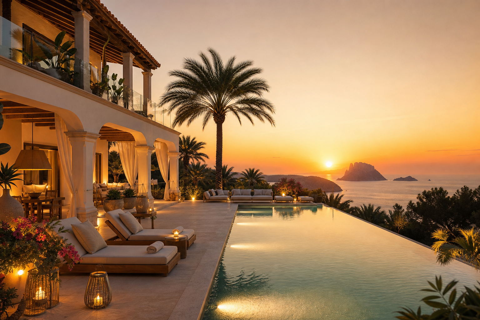 Symbolbild einer Luxusvilla mit Pool bei Sonnenuntergang