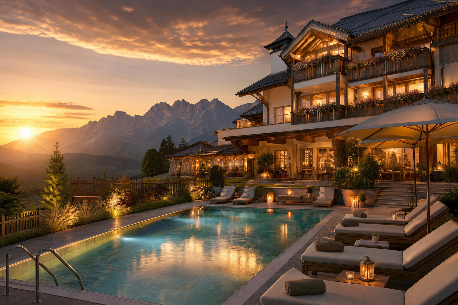 Symbolbild eines Boutique-Hotels mit Pool im Abendlicht