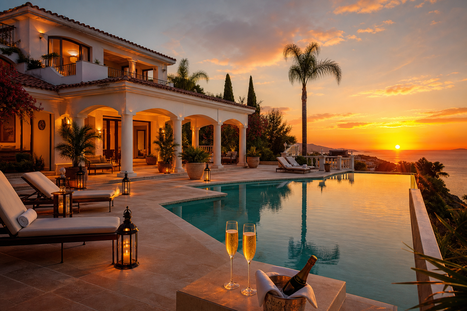 Symbolbild einer luxuriösen Villa mit Pool bei Sonnenuntergang