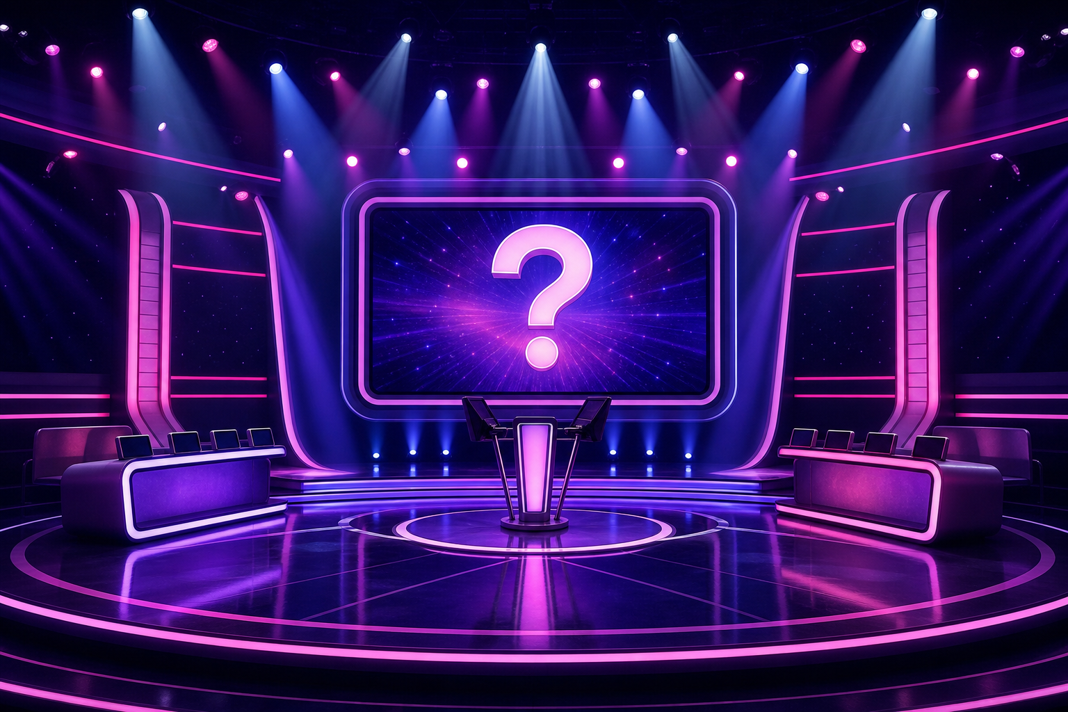 Symbolbild eines leeren TV-Quizshow-Studios mit Scheinwerfern und einem Fragezeichen