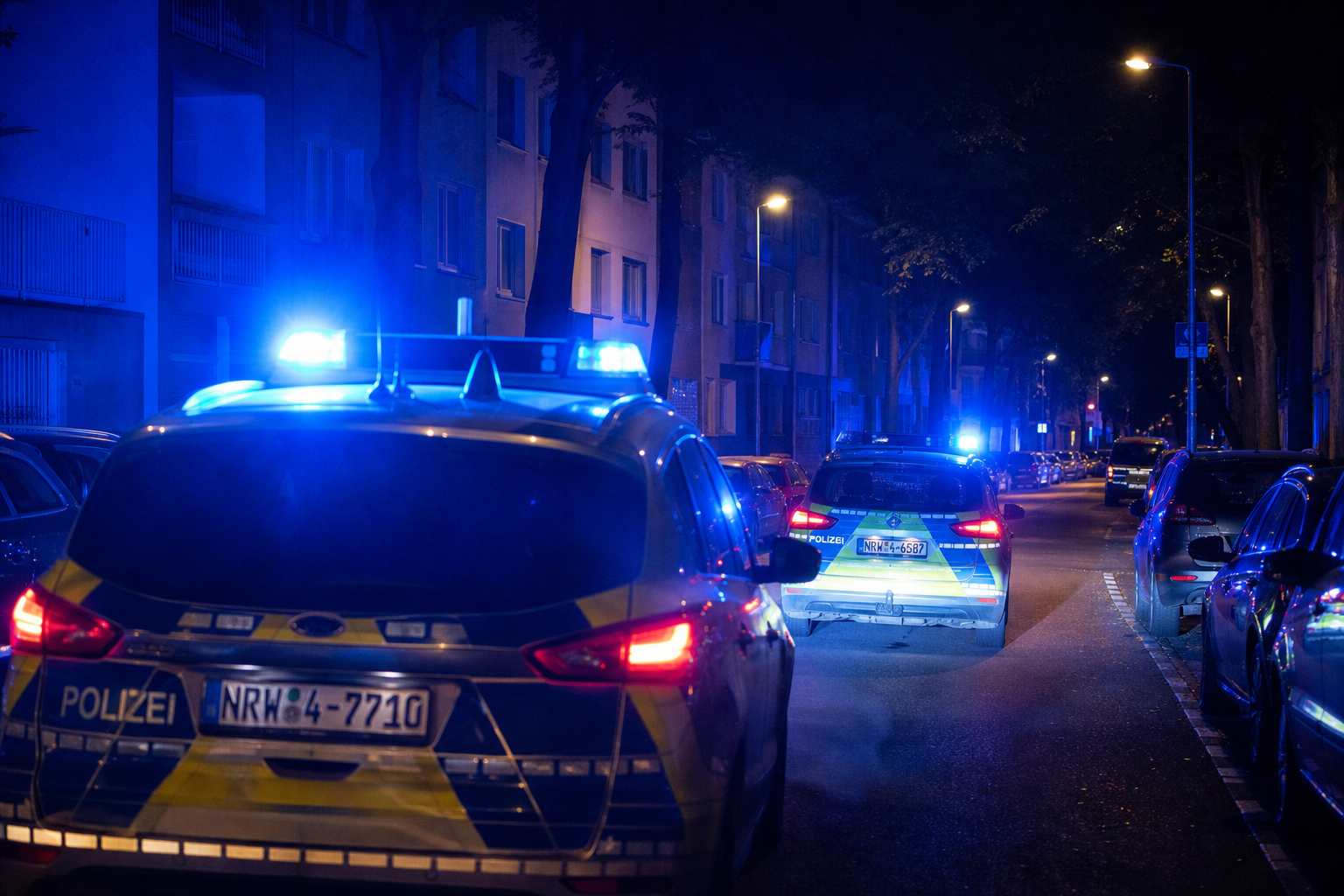 Mehrere Polizeiautos mit Blaulicht bei einem nächtlichen Einsatz