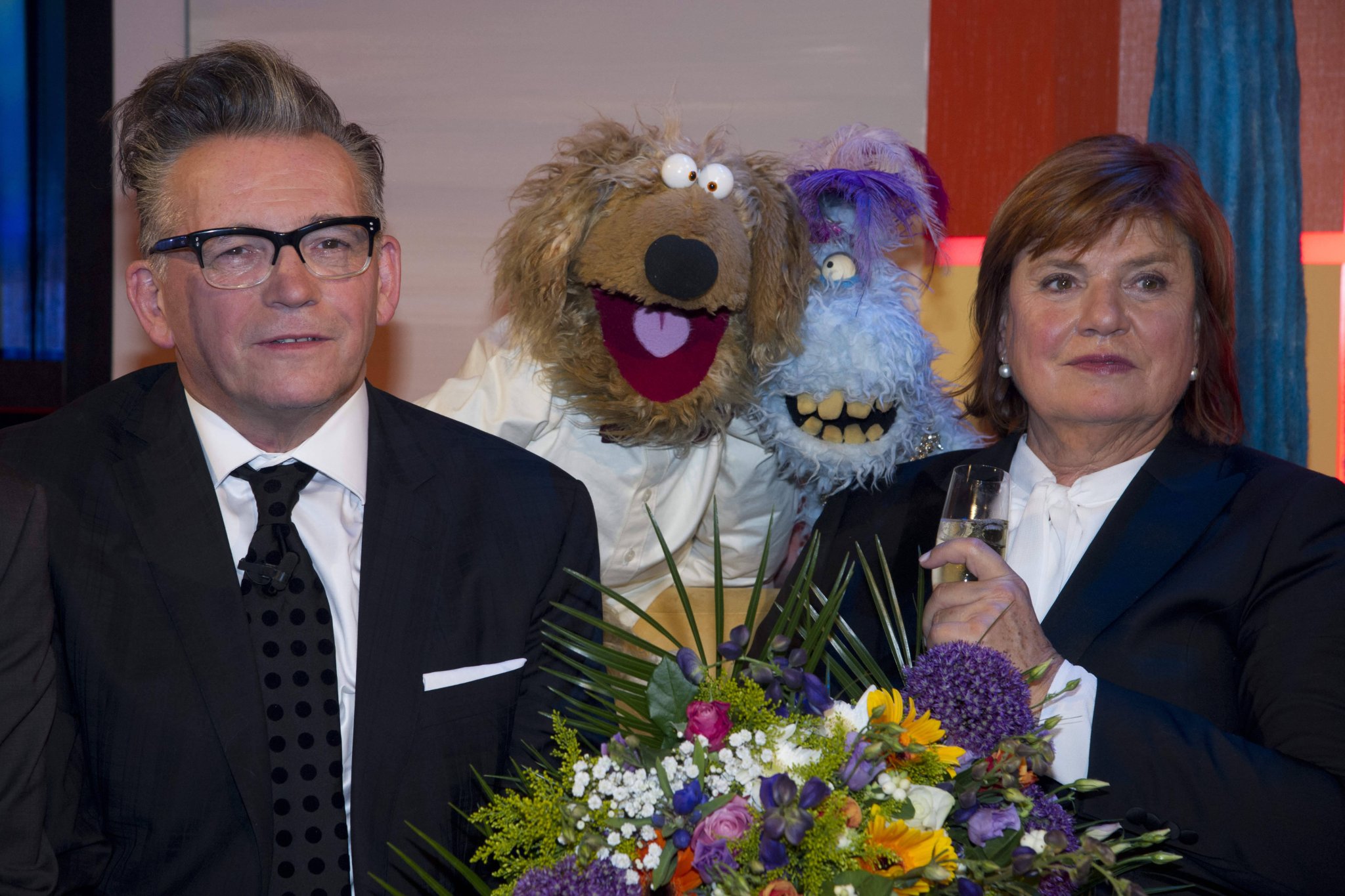Götz Alsmann und Christine Westermann mit den Puppen Wiwaldi und Horst Pferdinand bei der Zimmer-frei-Abschiedsshow